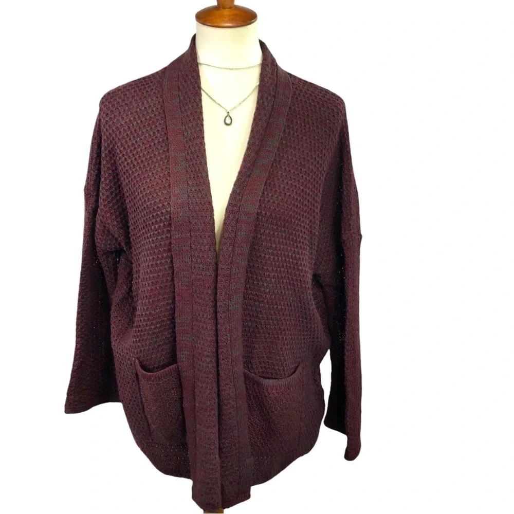 UO BDG Crochet Loose Oversized Knit Pocket Cardigan Sz XS Burgundy Casual Beachy